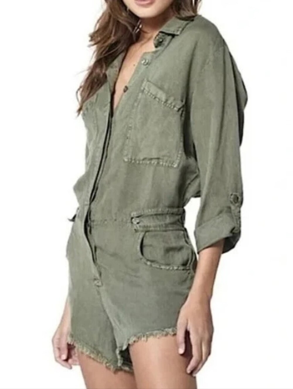 NWT Young Fabulous & Broke Olive Green Linen Blend River Run Raw Hem Romper XS
